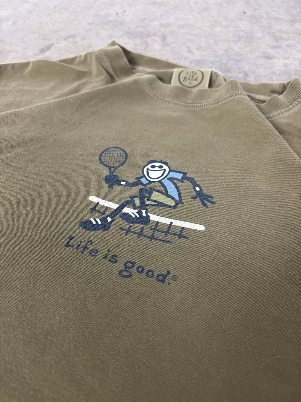 Life Is Good Womens T Shirt Size Large Jake Playing Tennis Green Cotton